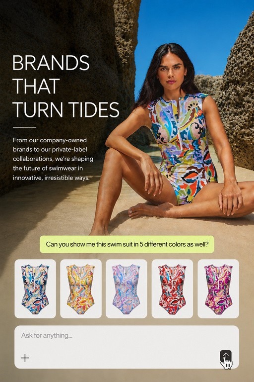 Brands That Turn Tides campaign poster — a model in a printed swimsuit among rock formations, with five colorway variations