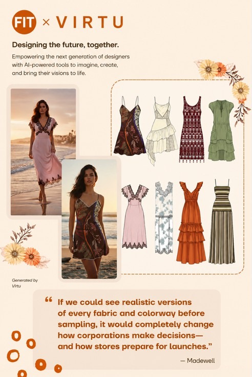 FIT × Virtu campaign poster — AI-generated dress designs alongside a model on a beach