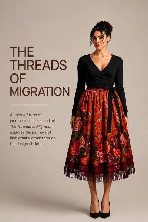 The Threads of Migration campaign poster — a model in a floral migration-print skirt