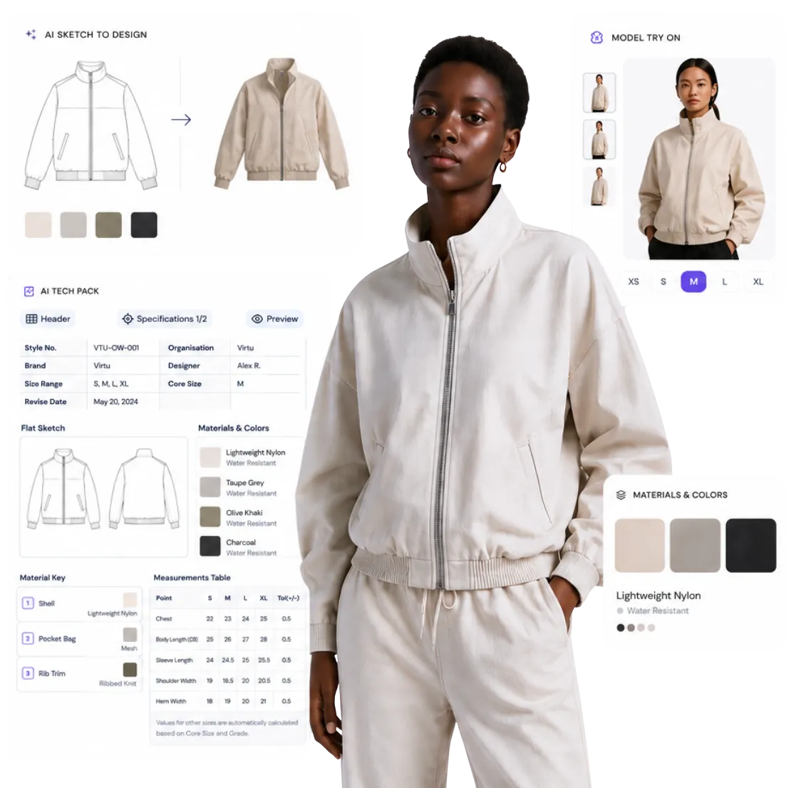 Model wearing a Virtu-made jacket, surrounded by AI sketch-to-design, model try-on, AI tech pack, and materials & colors product UI panels